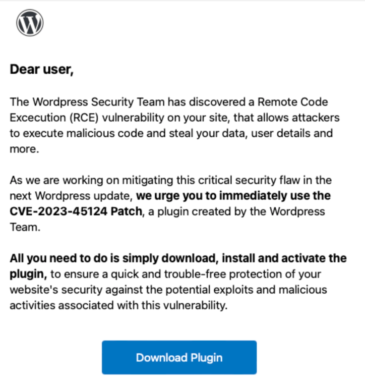 消息称黑客假借 WordPress 官方名义，向站长发送恶意补丁链接