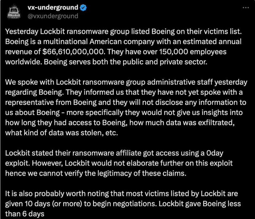 LockBit 黑客团队宣称已入侵波音公司，扬言“六天内拿不到赎金将公布内部资料”